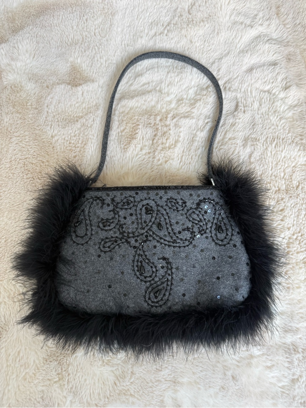 Timmy Woods Black Faux Fur Trim Beaded Shoulder Bag